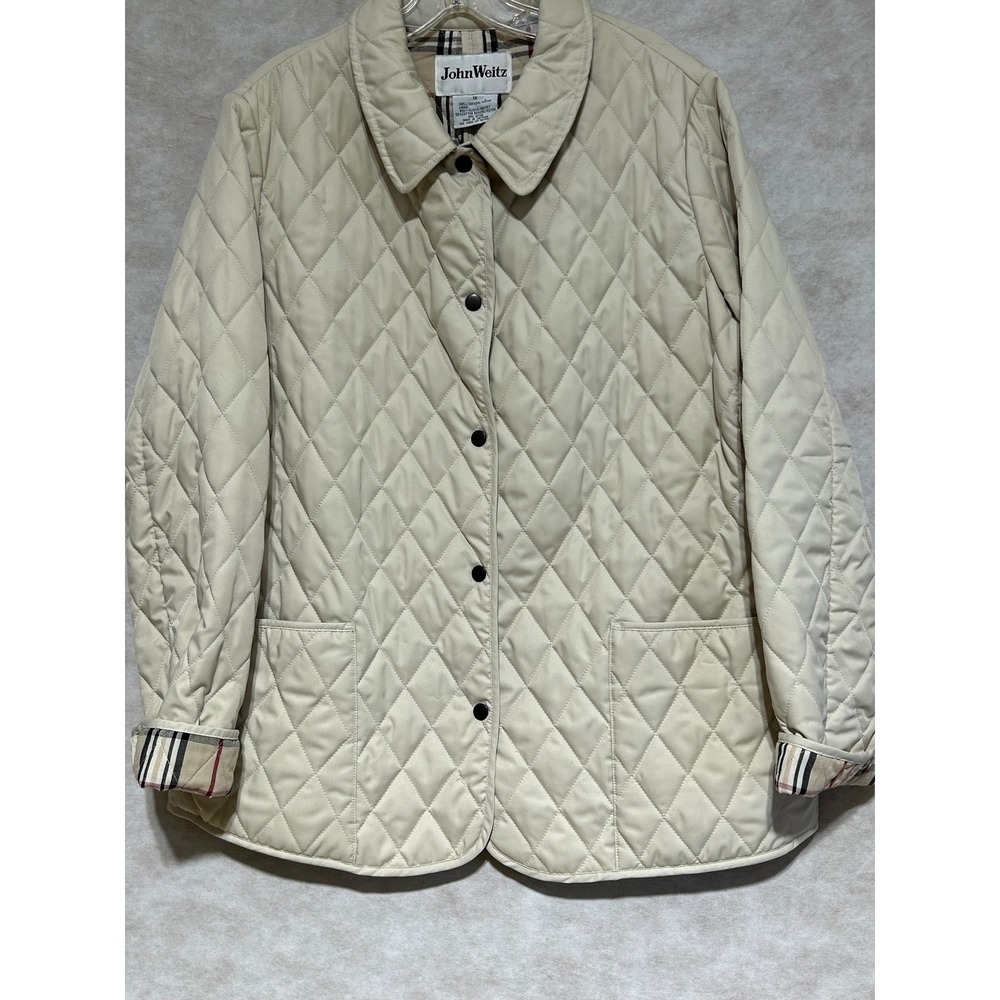 John Weitz Womens 1X Cream Beige Diamond Quilted Plaid‎ Lined Snap Front Jacket